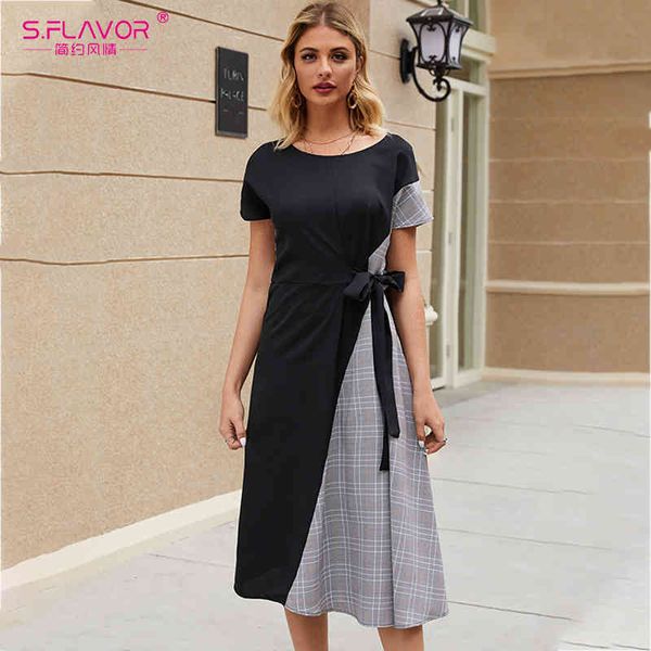 

dresses moden fashion patchwork casual dress spring summer short plaid vestidos de women o-neck midi dresses, Black;gray