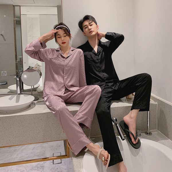 

luxury lovers satin silk leopard jacquard pajamas sets couple sleepwear pijama men & women casual home clothing nightwear, Black;brown
