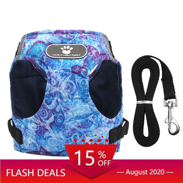 

dog collars & leashes ocean printing harness vest puppy cat harnesses reflective pet walking lead leash soft chest strap for small medium do