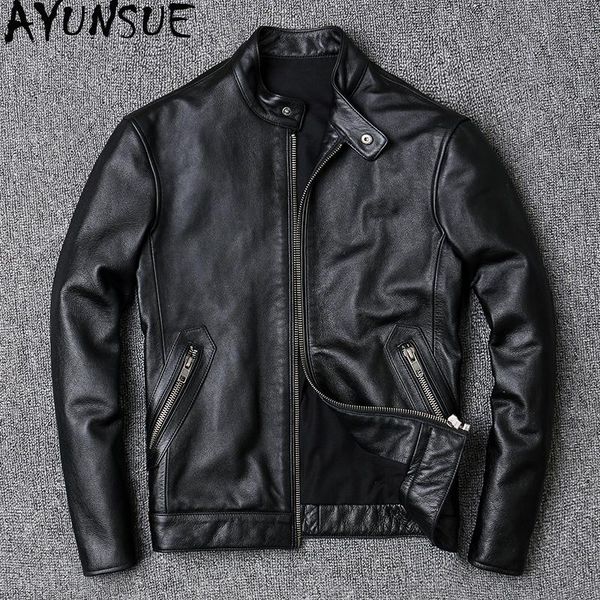 

men's leather & faux ayunsue real jacket men cowhide sheepskin coat spring fall genuine jackets for plus size vintage 2021 kj4703, Black