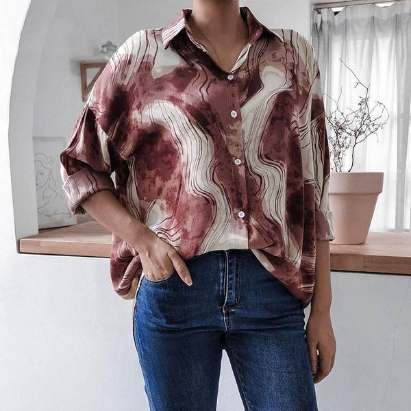 

women's blouses & shirts fashion women blouse lapel tie-dye print long sleeves chiffon spring casual button cardigan streetwear elegant, White