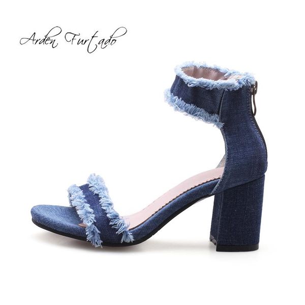 

arden furtado 2021 summer high heels 7cm chunky cover zipper blue jeans denim open toe fashion ladies ankle sandals, Black