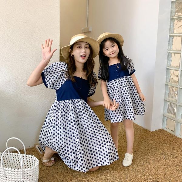 

family matching outfits summer mother abd daughter dresses fashion floral embroidery short sleeve dress cotton patchwork clothes1, Blue