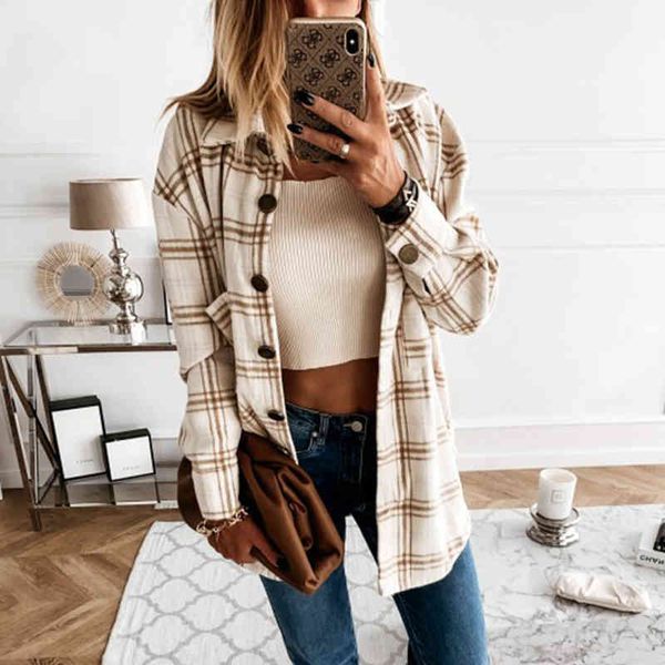 

women autumn long sleeve plaid shirt blouse winter casual loose thick shirt outfits single breasted chic checked blouse, White