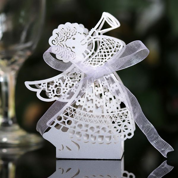 Favorisce porta angelo ragazza laser trasporto cavo carrello regali scatole di caramelle con nastro decorazione per feste di nozze personalizzate