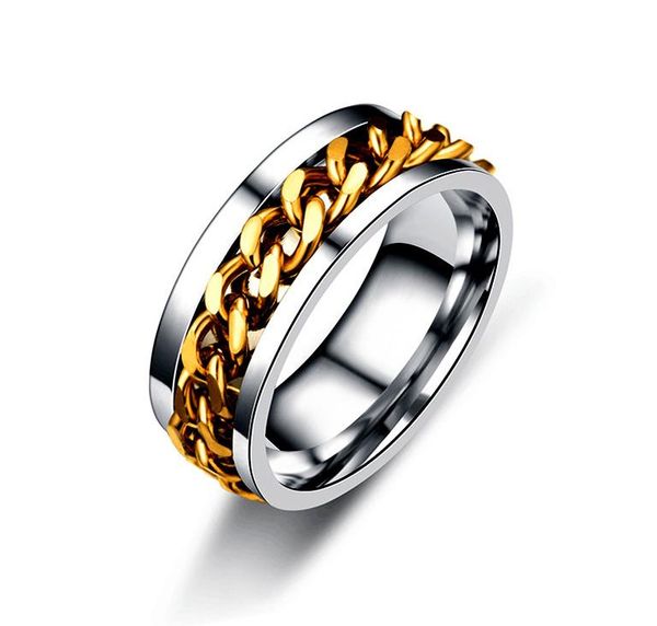 

cool stainless steel rotatable men couple bands spinner chain rotable rings punk women male jewelry for party gift wedding, Slivery;golden
