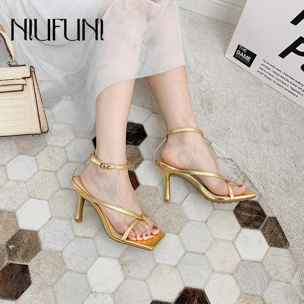 

sandals niufuni gladiator high heels females square head open toe clip toes buckle strap women stiletto flip flops shoes, Black
