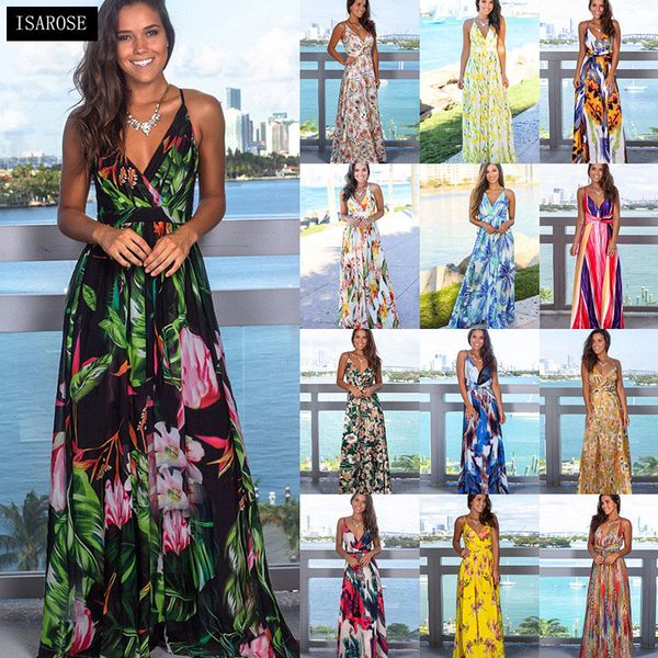 ISAROSE Frauen Sexy Strandkleid Weiche Tiefe V Ärmellose Einteilige Blumen Druck Bodenlangen Dame Party Stretch Kleider XL XXL 210422