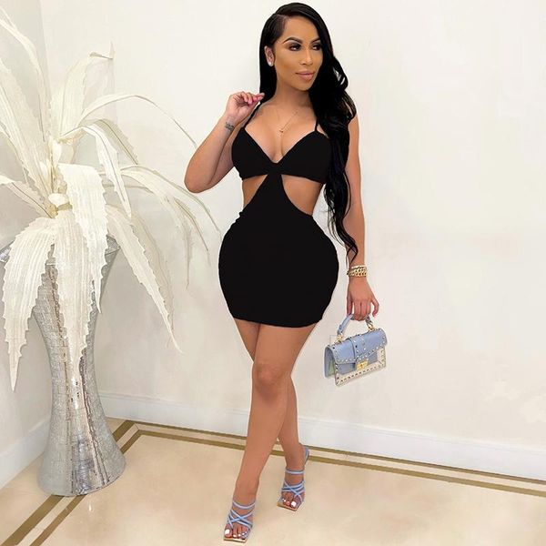 

casual dresses beyprern fashion spagetti straps ribbed cut-out mini dress summer sleeveless front knot skinny party club rave outfits, Black;gray