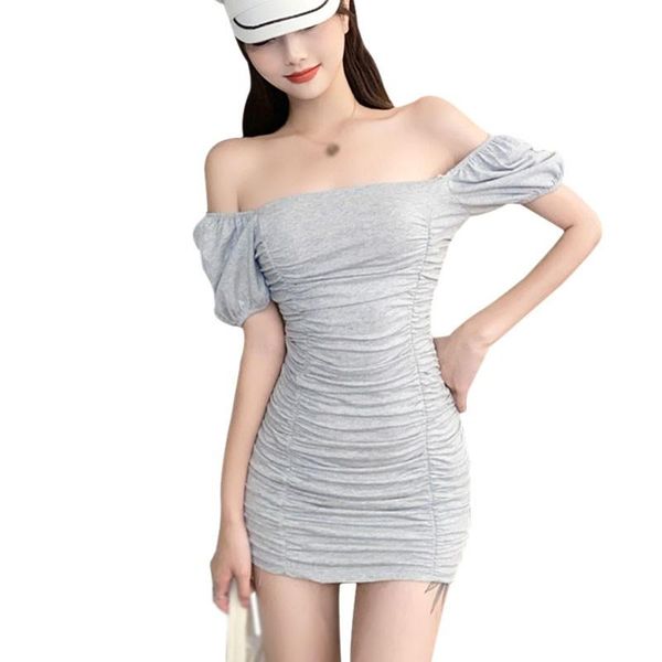 

casual dresses 2021 women's off shoulder mini dress summer solid color slash neck slim short sleeve vestidos femme vestido de mujer, Black;gray