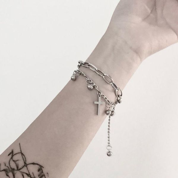 

link, chain gothic hip hop metal cross pendant charm bracelet for women female beads multilayer linked bracelets cool jewelry gift, Black