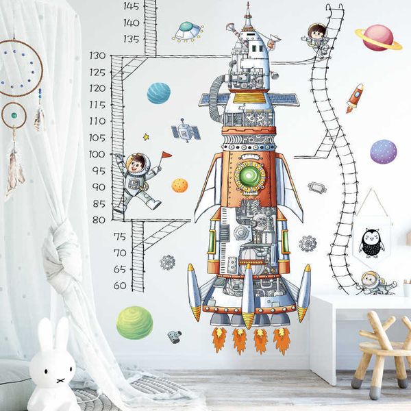 Space Foguete Altura Medida adesivos para crianças sala crianças quarto berçário decoração da parede espaçonave decoração de casa Decalques de parede DIY 210705