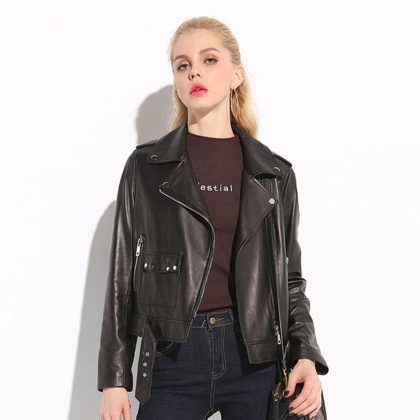 

women's leather & faux shzq motorcycle clothes slim small coat short 2021 fashion spring and autumn sheep jacket ha, Black