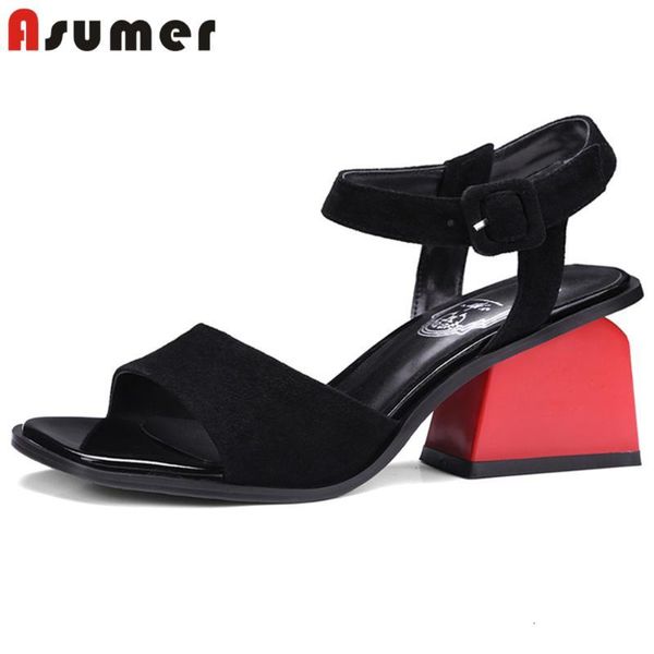 

sandals big size 33-42 summer shoes woman buckle women suede leather high heels mixed colors elegant wpvm, Black