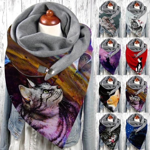 

scarves universal autumn winter scarf double-layer buckle soft comfortable warm stitching cat print double bib, Blue;gray