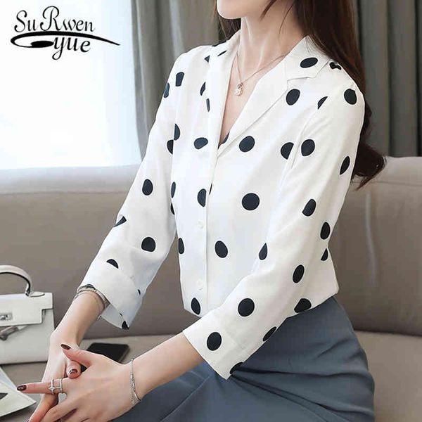 

blusas mujer de moda women shirts three quarter polka dot turn-down collar chemise blanche femme casual blouses 6543 50 210417, White