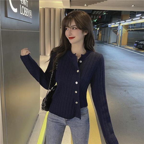 

women's vests 2021 autumn/winter sweater slim long sleeve knit versatile round collar solid color breasted coat top, Black;white