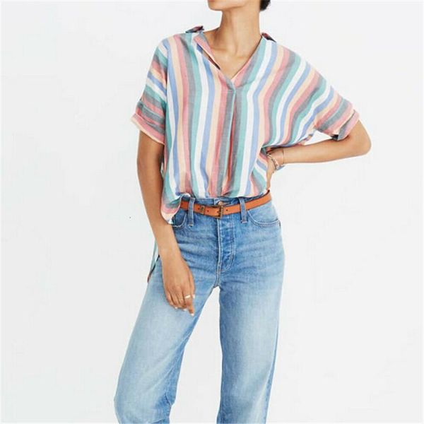 

plus size blouse womens casual loose short sleeve baggy rainbow striped shirt ladies pocket chemise femme women's blouses & shirts, White