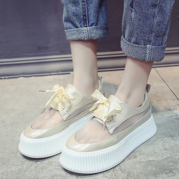 

dress shoes hight increase women casual woman platform flats silk lace up mesh leisure breathable girls fashion single female, Black