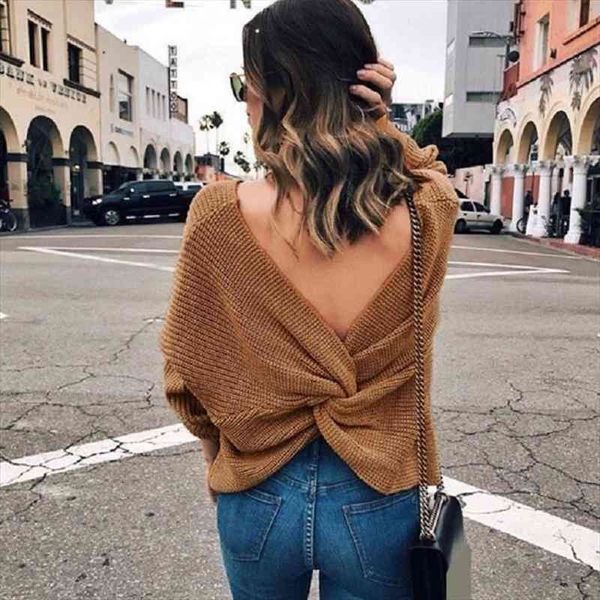 

women v-neck backless sweaters reversible long sleeve cross tie knot knitted short knitting pullovers jumpers, White;black