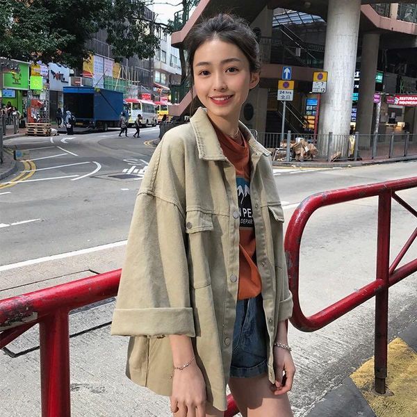 

women's jackets 2021 regular wild loose retro single-breasted collar solid color tooling denim jacket women, Black;brown