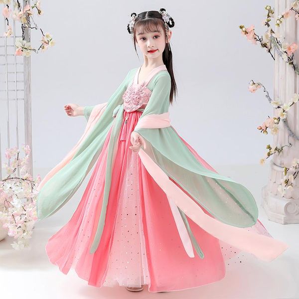 

casual dresses kids oriental dress fairy stage dancewear flare sleev embroidery children lovely style waist chest cosplay clothing, Black;gray