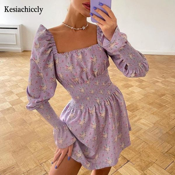 

casual dresses kesiachiccly women floral print dress elegant butterfly sleeve a-line high waist work wear office lady autumn 2021, Black;gray