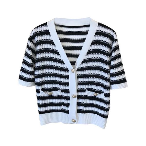 

women's knits & tees spring/summer 2021 short sleeve knitted cardigan fashion striped stitch thin v-neck knitwear girl, White