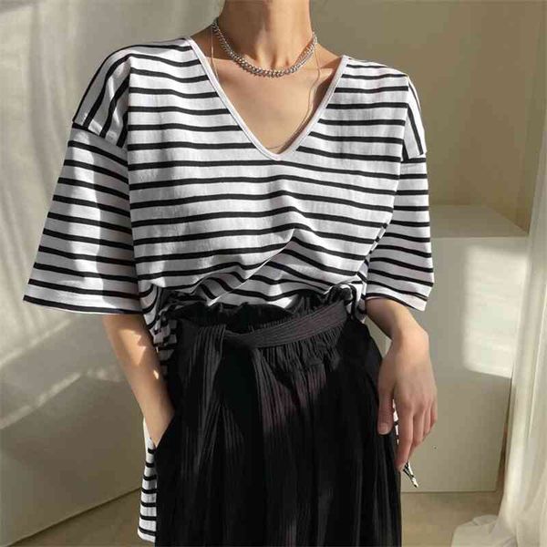 

women's t-shirt summer chic v-neck t-shirt all match loose basewear cotton femme basic streetwear new short sleeve 74h7, White