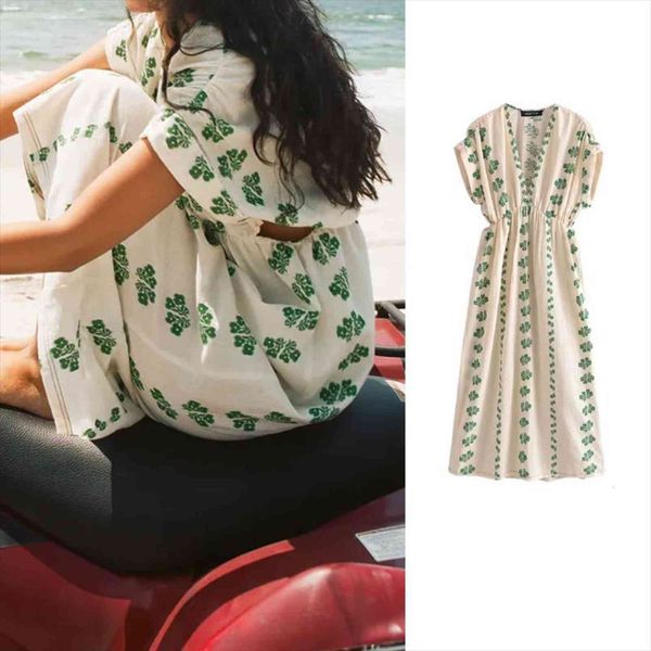 

za fashion flower print womens dresses long summer chic opening design retro v neck casual vestidos, Black;gray