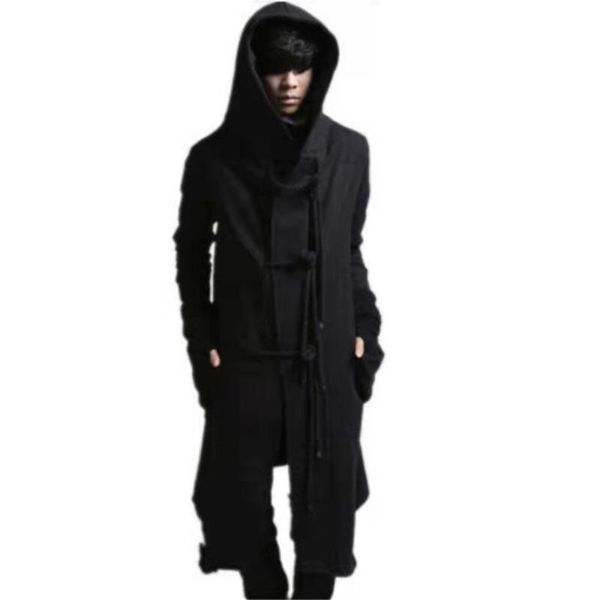 

men's trench coats autumn winter men punk hip hop slim fit long coat hooded cloak cardigan mens linen rope design gothic jackets outerw, Tan;black