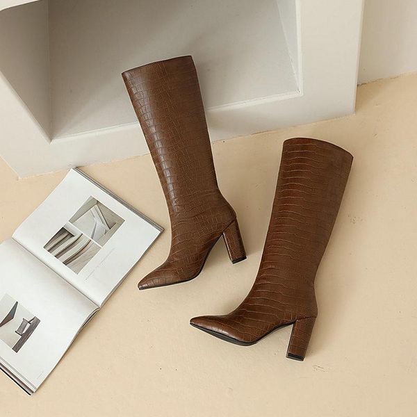 

boots 2021 cowboy western knee high women pointed toe pleated european style autumn winter thick heels woman, Black