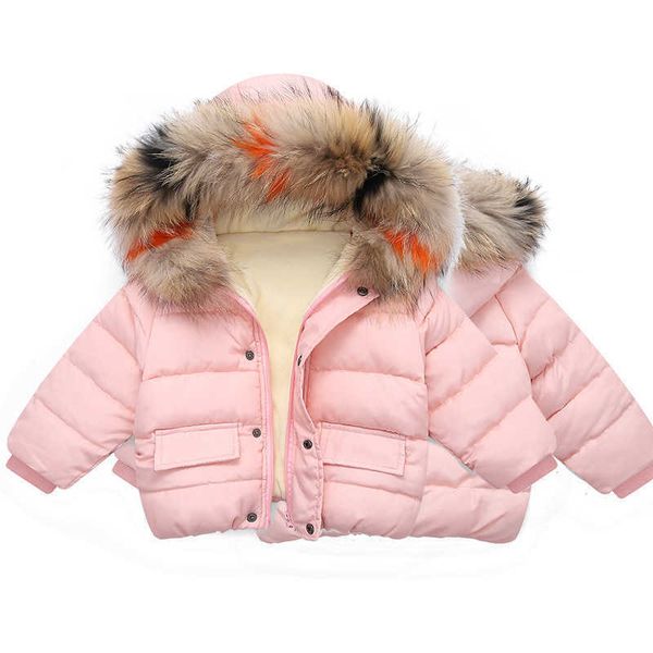 Giacche Bambini Inverno Plus Velluto Collo in vera pelliccia Piumino con felpa con cappuccio Capispalla in cotone natalizio Ragazze Ragazzi Caldi imbottiti imbottiti Design per bambini