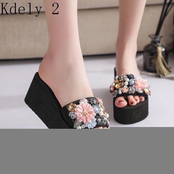 

slippers 2021 women torridity fashion fasten heel woman flowers pearls shoes for female beach slides slipper, Black
