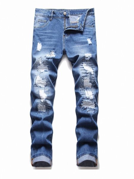 

men slant pocket ripped embroidery jeans z6ls#, Blue