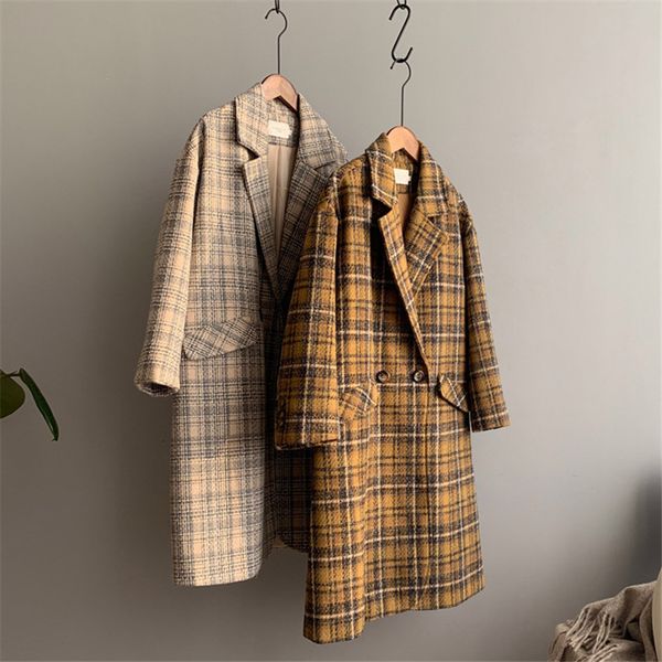 

women's wool & blends winter coat women vintage plaid fashion blend warm overcoat loose female woolen long coats jacket ph8u, Black
