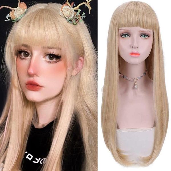 

synthetic wigs houyan long straight hair blonde wig female bangs high temperature resistant cosplay party, Black