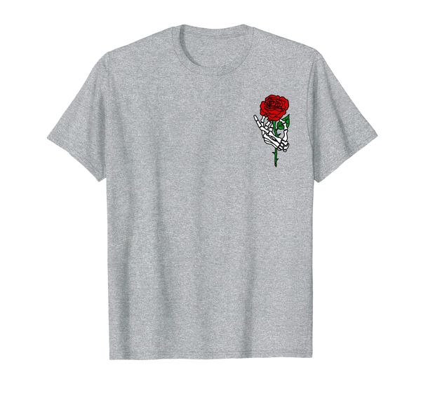 

skeleton hand holding rose shirt, tattoo shirt, White;black
