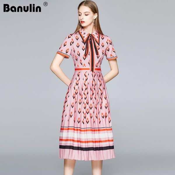 

banulin 2021 summer runway celebrity shirt dress women striped bow tie collar short sleeve geometry print midi pleated casual dresses, Black;gray