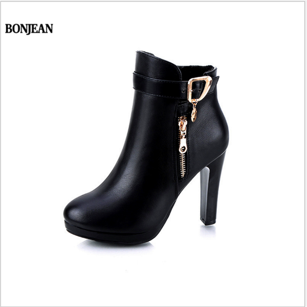 

boots short women's thick with waterproof platform high-heeled ladies autumn and winter wild metal side zipper, Black