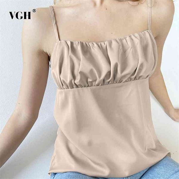 Khaki Sexy Westen für Frauen Quadrat Kragen Ärmellose Feste Minimalistischen Geraffte Dünne Camis Weibliche Koreanische Sommer Mode Kleidung 210531