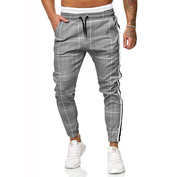 

men's pants slim fit plaid print belted casual trousers, Black