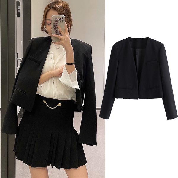 

fashion pocket decoration woman's long open spot short jacket, Black;brown