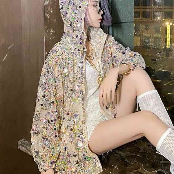 

Women's Jackets sequined sun protective hooded jacket summer heavy work Blingbling mesh thin proof lady outwear FKTE, Black;brown