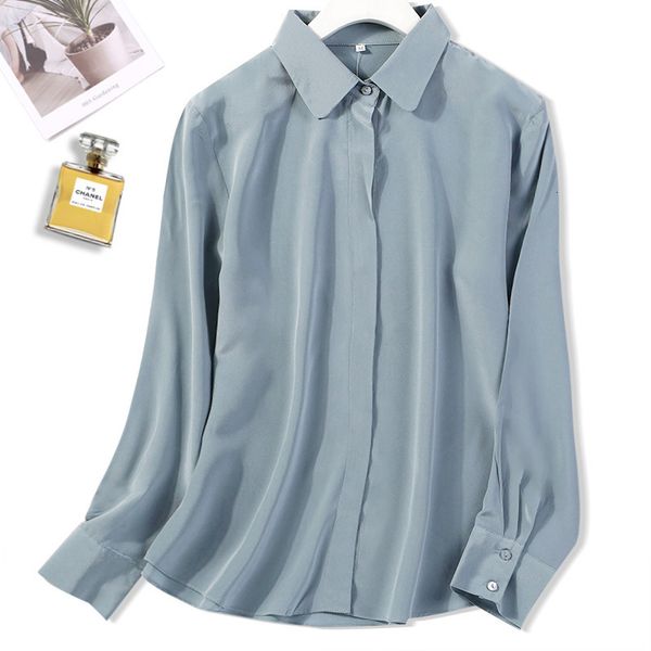 

blouses women's 100% mulberry crepe silk gray blue button down long sleeve shirt blouse collared office work jn594, White