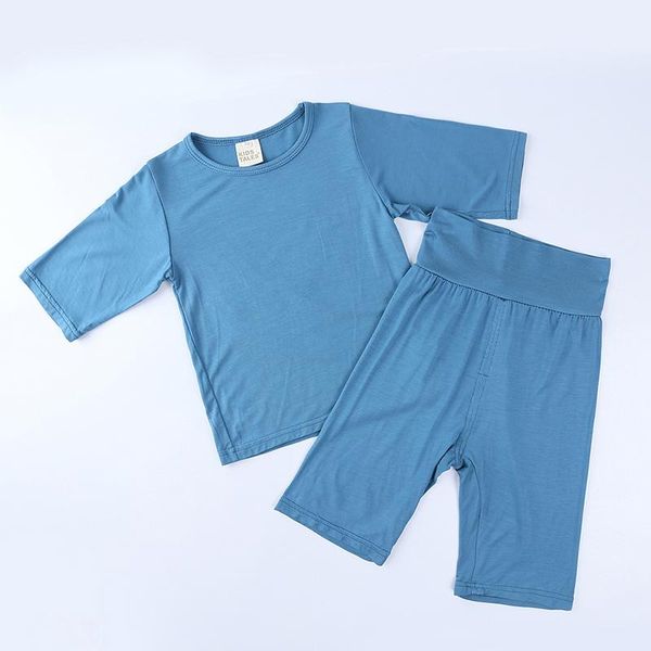 

pcs casual pajamas kids solid color half sleeve round neck pullover + fifth pants 1-7years clothing sets, White