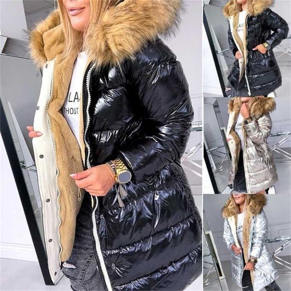 

coat women faux fur hooded warm jacket slim fit wadded parka long sleeve solid color lightweight plus size female outwear 211216, Black