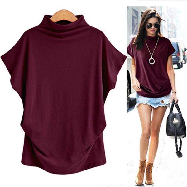 

2021 large women's half high neck bat solid loose short sleeve t-shirt, White