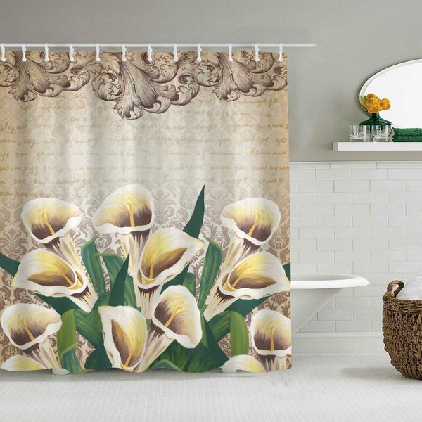 

shower curtain greenery floral calla lilly flowers decoration vintage design retro pattern baroque frame bouquet of lillies