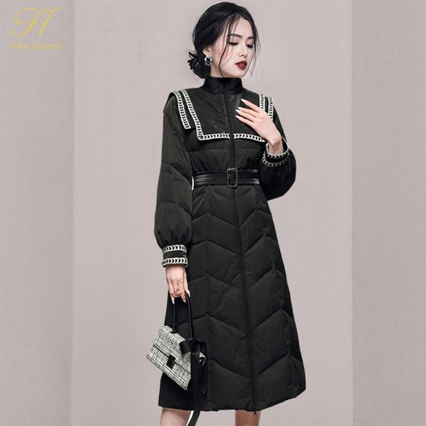

women's trench coats h han queen 2021 winter warm cotton clothing korean slim vintage version long coat women fashion casual windbreake, Tan;black